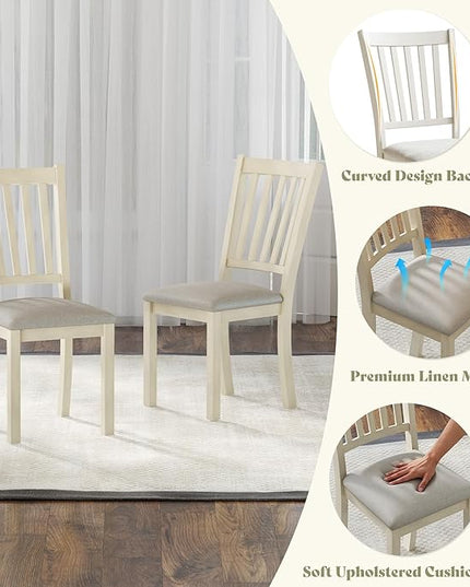 AMERLIFE 9-Piece Farmhouse Solid Wood Dining Table Set with 8 Upholstered Chairs, Roman Conical Legs, Seats up to 8, 79'' Dining Table & Chairs Set for Kitchen and Dining Room, Rustic Cream