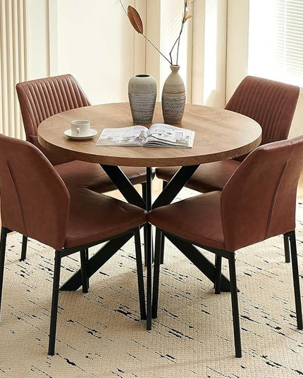 37" Round Dining Table Set for 4, Mid Century Modern Small Coffee Set for Dining Room Kitchen Apartment (Walnut Table + 4 PU Leather Brown Chairs)