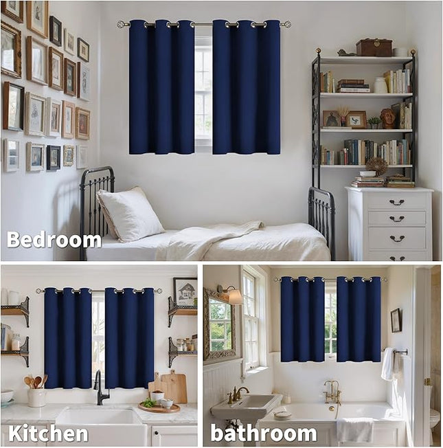 YoungsTex Short Blackout Curtains 45 Inch Length for Kitchen Bathroom Window - Thermal Insulated Drapes with Grommet Privacy for Cafe Small Window, 2 Panels, 34 x 45 Inch, Navy Blue