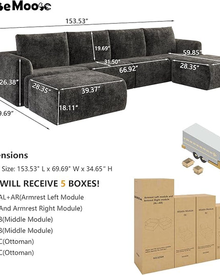 EASE MOOSE Boneless Modular Cloud Couch, Oversized U-Shaped Sectional Sofa for Living Room with Ottoman, Extra Large Movable Couches, 6-Deep-Seat Sofas for Bedroom, Apartment, Chenille (Dark Grey)