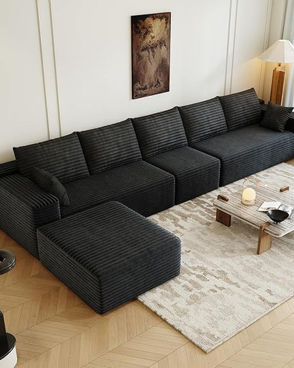 139.4" Modular Sectional Sofa, U-Shaped Minimalist Couches with Ottoman and Middle Seat, Modern Deep Seat Convertible Sleeper Sofa Bed, Reversible Chaise, Cloud Plush Corduroy Fabric,6 Seater, Black