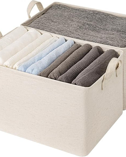 StorageWorks Storage Bins, Shelves Baskets for Organizing, 45L Extra Large Fabric Closet Organizers with Handles, Metal Frame, Beige（Cotton-linen）, 2-Pack