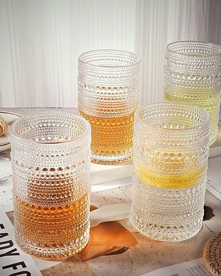 hobnail drinking glasses Highball Glasses Set of 4 12oZ Embossed Vintage Drinking Water Cocktail Whiskey Beverages Juice Milk Soda Gift for Men Women