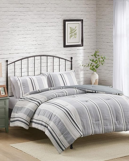 Hyde Lane Modern Farmhouse Comforter Set – King Size, 3-Piece Indigo Blue Striped Cotton Comforter with Matching Pillow Shams, Luxuriously Soft All-Season Bedding