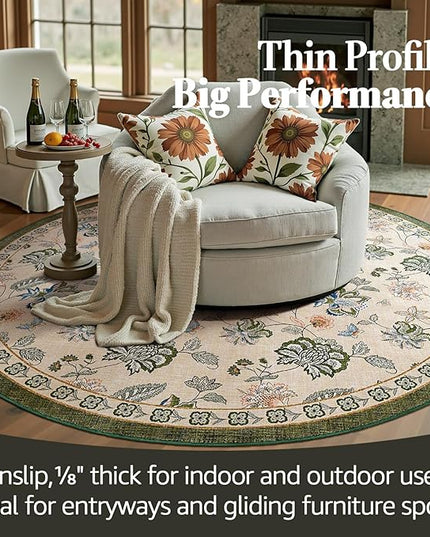 jinchan Elora 6ft Floral Round Rug for Washable Living Room Rug Vintage Romance Christmas Design Non Slip Indoor Floor Cover Lightweight Low-Profile Throw Carpet for Bedroom Patio, Green/Beige