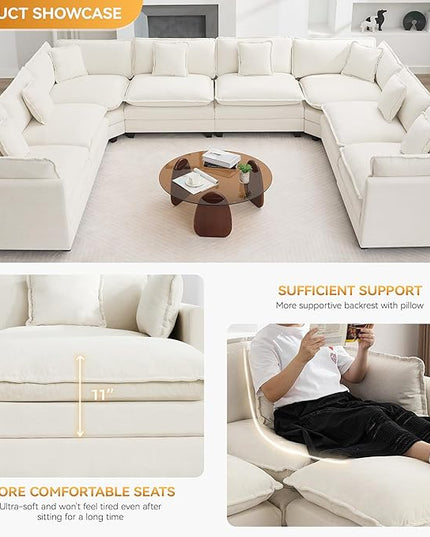 147'' Oversized U Shaped Cloud Sectional Sofa, Chenille Deep Seat Couches for Living Room, Comfy Upholstered Modular Sectional Sofa Couch, Beige