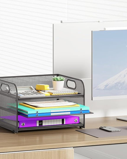 3 Tier Paper Organizer with Handle, Metal Desk Organizer Mesh Paper Letter Tray Desktop File Folder Document Sorter for Classroom, School, Office Accessories Organization and Storage - Grey