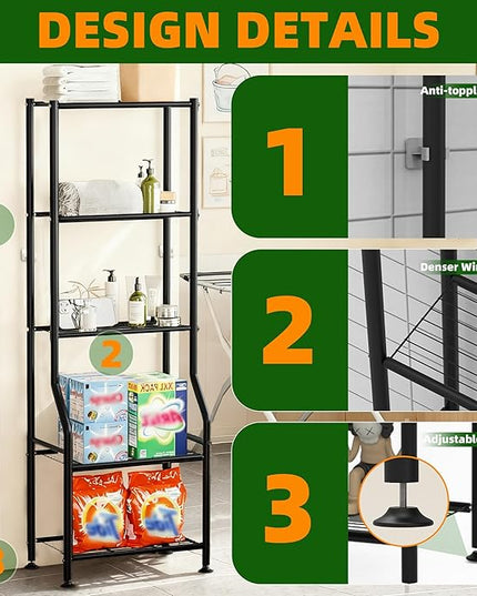5-Tier Narrow Storage Shelves, 1000LBS Total Capacity Metal Wire Rack with Leveling Feet, Rust-Resistant Organizer for Small Space, Kitchen, Bathroom, Garage, Pantry, Laundry Room, Black