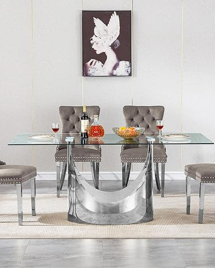 5 Piece Dining Table Set, Modern Glass Dining Table Set for 4 with Velvet Chairs, 70" Luxury Dining Table Chairs Set of 4, Kitchen Dining Room Sets for Dinner Dinette Breakfast Banquet, Grey+Silver