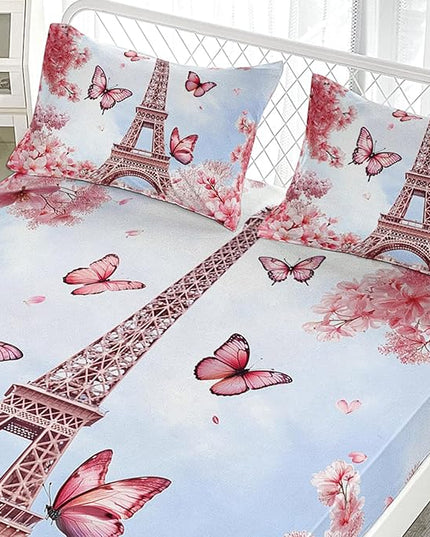 AILONEN Eiffel Tower Fitted Sheet Set for Kids,Girls,Pink Cherry Blossom Butterfly Theme Bedding Set Queen Size, Romantic Moments Bed Sheet Set,3-Piece 1 Sheet Set + 2 Pillowcases