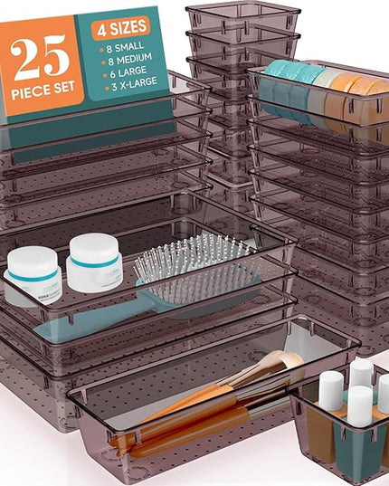 WOWBOX 25 PCS Plastic Drawer Organizer Set, 4 Sizes Desk Drawer Divider Organizers and Storage Bins for Makeup, Jewelry, Gadgets for Kitchen, Bedroom, Bathroom, Office, Clear Brown