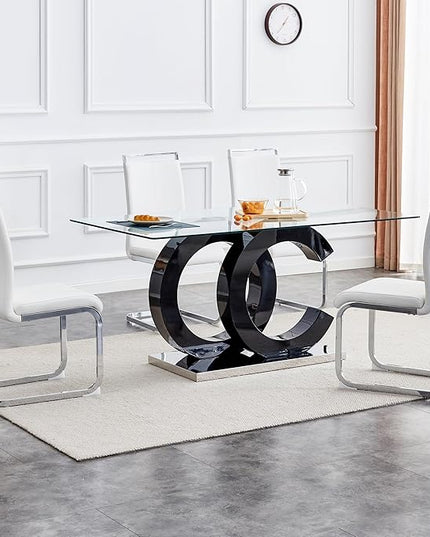 Ebullient Glass Dining Table Set for 4 ，5 Piece Dining Table Set,Tempered Glass Table Top，Modern Dining Room Table with 4 PU Leather Ergonomic Dining Chairs