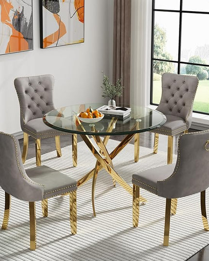 HomVent Round Glass Dining Table Set for 4, Modern Tempered Glass Kitchen Table Set and Chairs, Round Glass Dining Room Table Set for Kitchen (Gold, 36 inch Gold Table with 4 Grey Chairs)