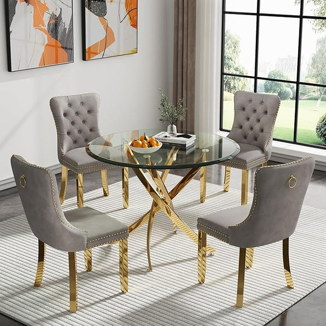 HomVent Round Glass Dining Table Set for 4, Modern Tempered Glass Kitchen Table Set and Chairs, Round Glass Dining Room Table Set for Kitchen (Gold, 36 inch Gold Table with 4 Grey Chairs)