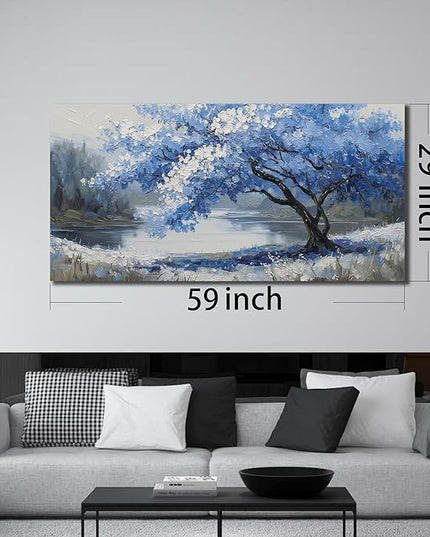 JuhaiArt Scenery Picture Wall Decorations Large Tree Wall Art Blue Canvas Wall Art for Living Room Bedroom Office White Poster 29"x 59"