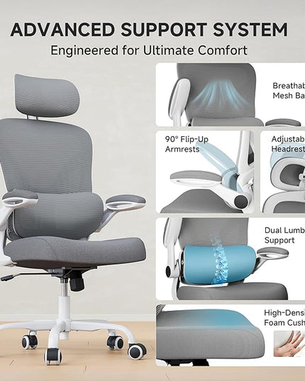Ergonomic Office Chair with Adjustable Lumbar Support & Headrest, 330 LBS High Back Mesh Chair with Flip-up Armrests for Long Hours, Home Office Desk Chair, White and Gray