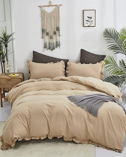 CLOTHKNOW Champagne Ruffles Queen Comforter Set 3Pcs Farmhouse Bedding Comforter Sets Soft Tan Comforter Khaki Comforter with 2 x Pillow Cases