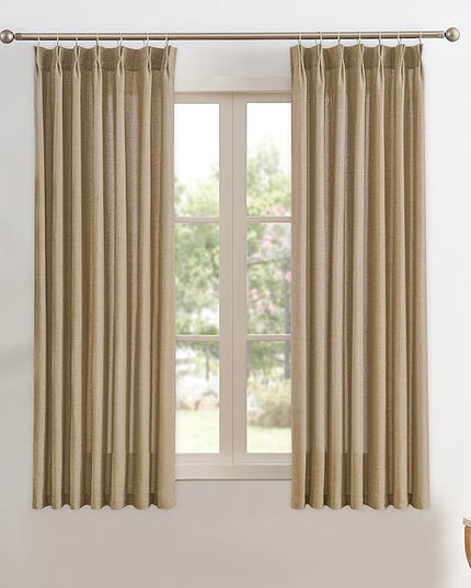 Dark Flax Pinch Pleated Linen Curtains 63 Inches Long Semi Sheer Memory Trained Ripple Fold Curtain with Hooks Back Tab Textured Light Filtering Drapes for Bedroom Living Room 42x63 Set of 2