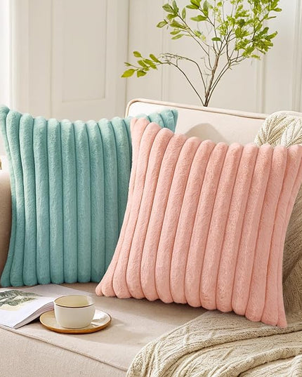 Pallene Faux Fur Plush Lumbar Throw Pillow Covers 12x20 Set of 2, Luxury Soft Fluffy Striped Decorative Pillow Covers for Sofa, Couch, Living Room, Pink