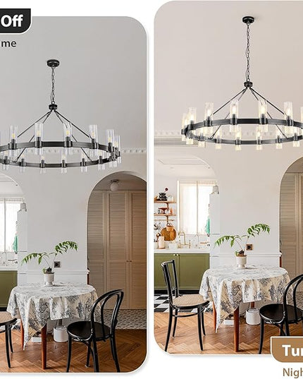48 Inch Black Chandelier, Wagon Wheel Chandelier with Glass Shade, 16-Lights Large Round Modern Farmhouse High Ceiling Industrial Pendant Lighting Fixture for Dining Room, Living Room, Kitchen, Foyer