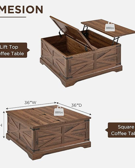 JXQTLINGMU Farmhouse Lift Top Coffee Table with Storage, 36" Wood Square Center Table with Large Hidden Compartment, Rustic Lift Tabletop Dining Table for Home Living Room, Brown