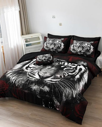 Bedbay Tiger Comforter Set Queen Size Rose Floral Bedding Set Wild Animal Print 8 Pcs Queen Bed in a Bag Set Boys Teen Room Decor Animal Tiger Bedding Comforter Set with Sheets (Tiger,Queen)