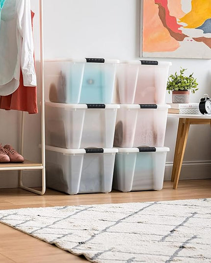 IRIS USA 40 Qt Stackable Plastic Storage Bins with Lids, 6 Pack - BPA-Free, Made in USA - Discreet Organizing Solution, Latches, Durable Nestable Containers, Secure Pull Handle - Pearl