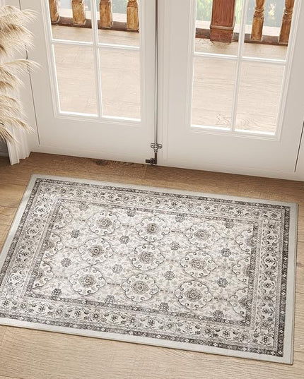jinchan Floral 2x3 Rugs for Entryway - Machine Washable Beige Vintage Distressed Boho Design Soft Faux Wool Small Non-Slip Doormat for Entrance Kitchen Living Room Bedroom Farmhouse (2‘x3', Beige)