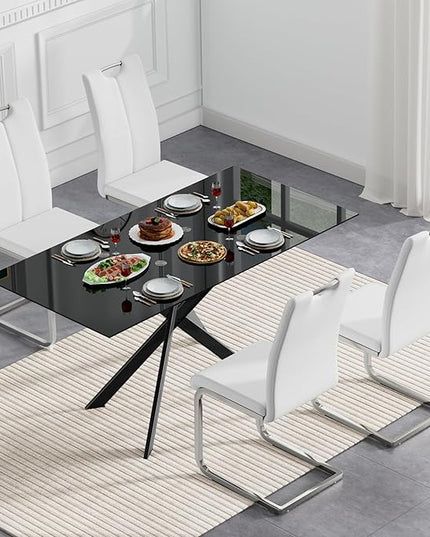 HomVent 5 Pieces Rectangular Glass Dining Table Set, Black Glass Dining Table for 4 Kitchen Table Set with 4 PU Dining Chairs for Kitchen Dining Room