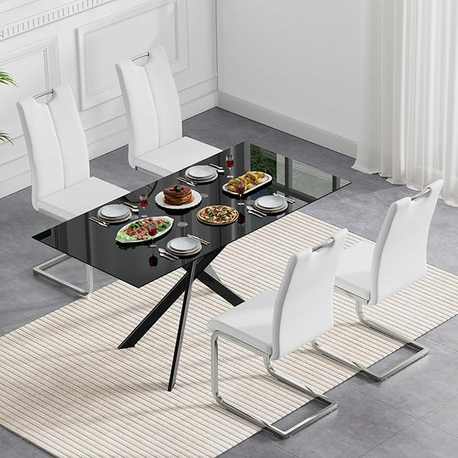 HomVent 5 Pieces Rectangular Glass Dining Table Set, Black Glass Dining Table for 4 Kitchen Table Set with 4 PU Dining Chairs for Kitchen Dining Room