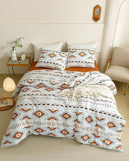 Houseri Orange and Brown Boho Comforter Set Queen Geometric Mocha Blue Diamonds Artistic Bedding Sets Queen Size Women Men Earth Tone Bohemian Triangle Farmhouse Retro Fashion Bed Quilt Blankets Queen