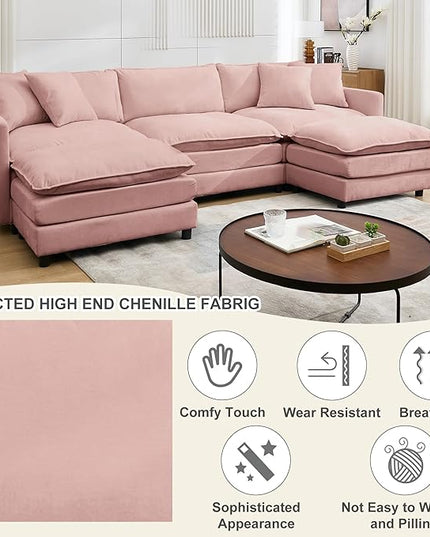 Modular Sectional Sofa, 108.27'' Modern Sleeper Couch with 3 Seat & 2 Ottoman & 3 Pillows Sofa Set, Comfy Cloud Couches with Movable Ottoman Deep Seat Sofa for Living Room,Chenille (Pink, U Shaped)