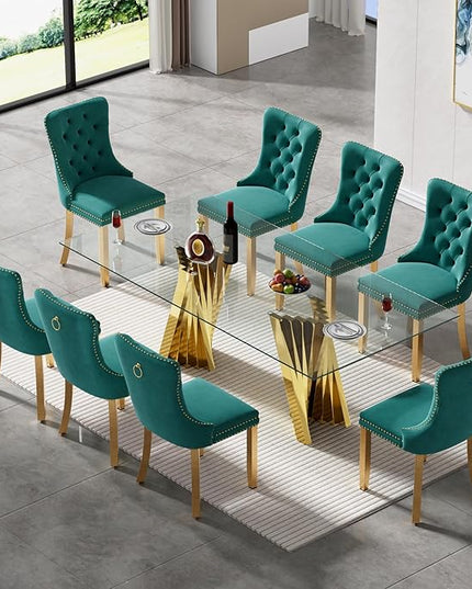 SSLine Modern 70" Glass Dining Table Set for 8, Rectangular, Green, Velvet Upholstered Chairs, 300 lbs Weight Capacity