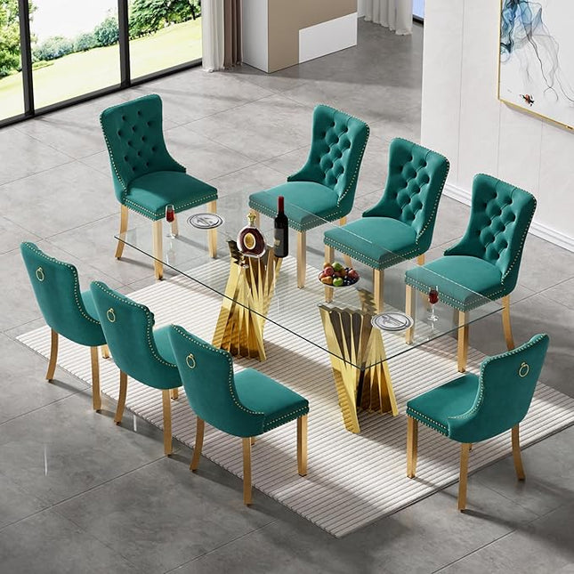 SSLine Modern 70" Glass Dining Table Set for 8, Rectangular, Green, Velvet Upholstered Chairs, 300 lbs Weight Capacity