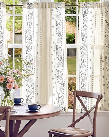 jinchan Winslow Linen Curtains 54 Inch Length Small Window Curtains Embroidered Bordered Floral Drapes Light Filtering for Bathroom Laundry Room Kitchen Farmhouse Decor Blue on Beige 2 Panels