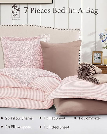 King Comforter Set - 7 Pieces Pink Gauze Muslin Bedding Sets for All Seasons, Lightweight Breathable Bed in a Bag King with Revesible Farmhouse Comforter, Sheets, Pillowcases & Shams