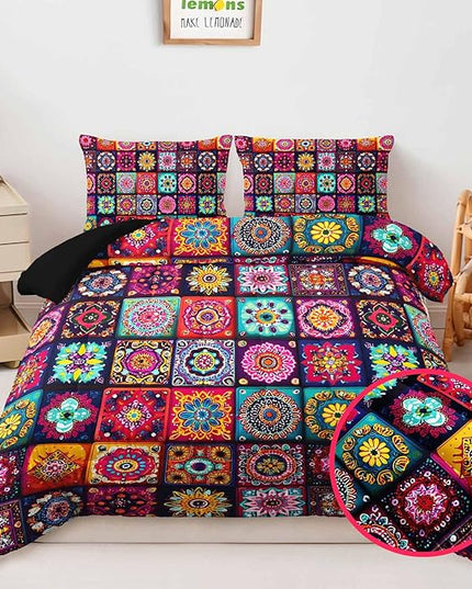 AILONEN Soft Microfiber Queen Size Bedding Set,Bohemian Mandala Floral Geometric Comforter with 2 Pillowcases,3-Piece Colorful Flower Duvet Set