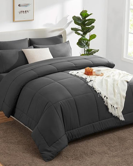 CozyLux Twin XL Comforter Set Dark Grey, 5 Pieces Twin Extra Long Bed in a Bag for College Dorm, All Season Bedding Set with Stitch Quilted Comforter, Flat Sheet, Fitted Sheet, Pillowcases