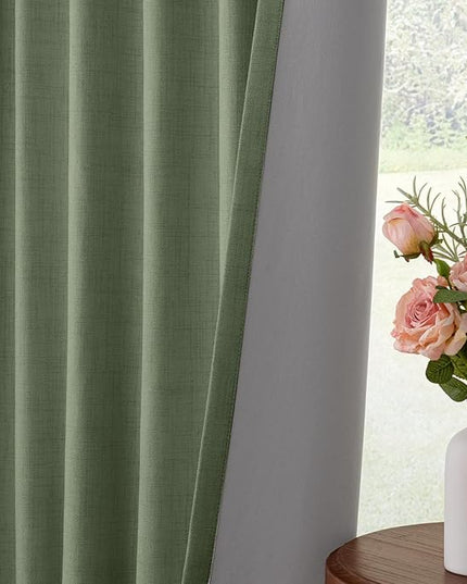 INOVADAY 100% Blackout Curtains for Bedroom, Black Out Curtains 108 Inch Long, Clip Rings Linen Blackout Drapes, Thermal Insulated Room Darkening for Living Room, 2 Panels - Moss Green,W50xL108