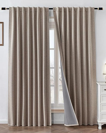 100% Blackout Curtains 84 inch Length 2 Panels Faux Linen Long Drapes for Bedroom Nursery Living Room Black Out Room Darkening Curtain Thermal Insulated Back Tab Rod Pocket(W52 x L84, Beige)