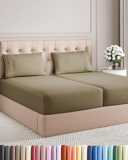 Split King Size 5 Piece Sheet Set - Comfy Breathable & Cooling Bed Sheets Set - Hotel Luxury Bedding for Women, Men, Kids, Teens, Boys & Girls - Deep Pockets, Soft and Wrinkle Free - Oeko-Tex - Khaki