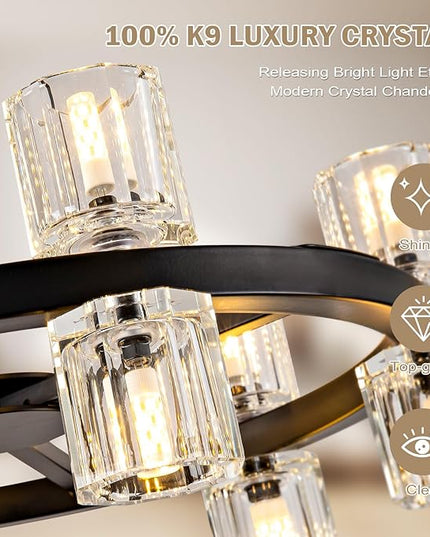 18'' Modern Large Chandelier, 12-Light Elegant Crystal Chandeliers for Dining Room, Black Farmhouse Round Wagon Wheel Pendant Lighting Fixture with Glass Shade for Living Room High Ceilings Entryway