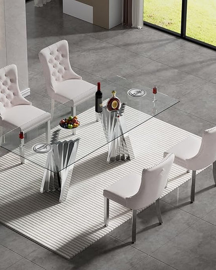 5 Piece Glass Dining Table Set,70" Dinner Room Glass Table Set for 4,Modern Kitchen Dinner Table Set with Stainless Steel Base and 4 Upholstered Velvet Dining Chairs for Living Dining Room