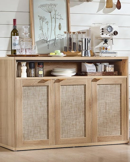 LEYAOYAO Rattan Sideboard Buffet Cabinet,45" Coffee Bar Cabinet with 3 Doors & Open Storage Shelf,Modern Credenza Console Table for Living Room Rattan Farmhouse entryway Natural