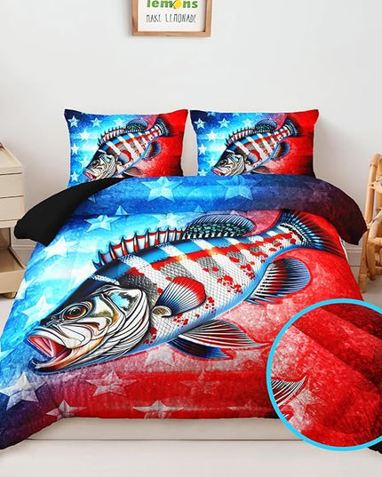 AILONEN Pike Fish Bedding Set Queen Size - Red and Blue Bass Big Fishing Comforter Set with 2 Pillowcases,3-Piece Hunting Bedding