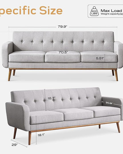 HUIMO Sofa Couch, Mid Century Modern Sofa with Solid Wood Frame, Button Tufted Couch for Bedroom, Living Room, Office, Apartment (Light Grey, 80 inch)