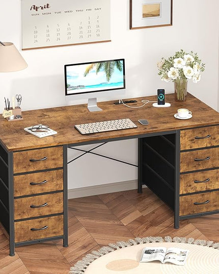 50 Inch Computer Desk with 8 Drawers, Home Office Desk with Power Outlets, Work Study Gaming Desk with 8 Fabric Drawers, Rustic Brown