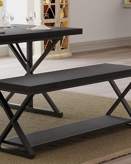 IBF Black Bench, Modern Entryway Bench for Bedroom, Wood Metal Storage Hallway Bench for Dining Living Room, Farmhouse Shoe Rack Indoor Accent Seating Bench for Foyer Entrance, Black Oak, 47 Inch Long