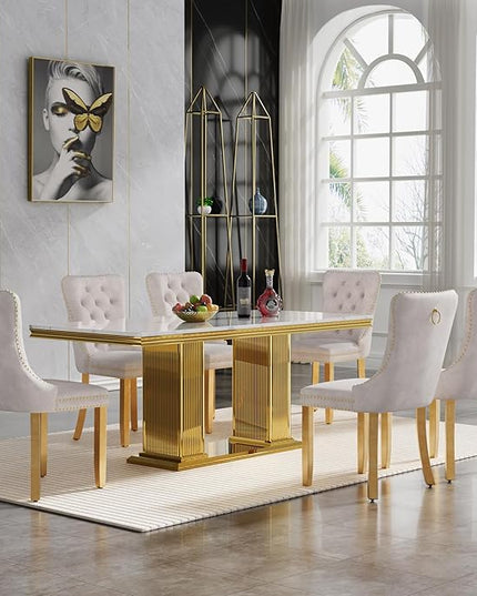 HomVent 68.11'' Rectangle Dining Table Set for 6, Modern Faux Marble Table Top & Stainless Steel Base (White with 6 Beige Chairs, 7 Pieces)