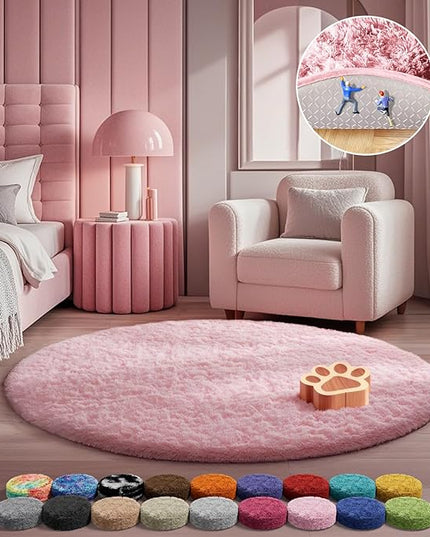 Ophanie Pink Round Rug for Bedroom Girls, Kids Fluffy Kawaii Fuzzy Shag Circle Circular Area Rugs, Cute Plush Christmas Small Carpet 4Ft 4 Foot, for Teen Baby Nursery Home Living Room Decor Aesthetic